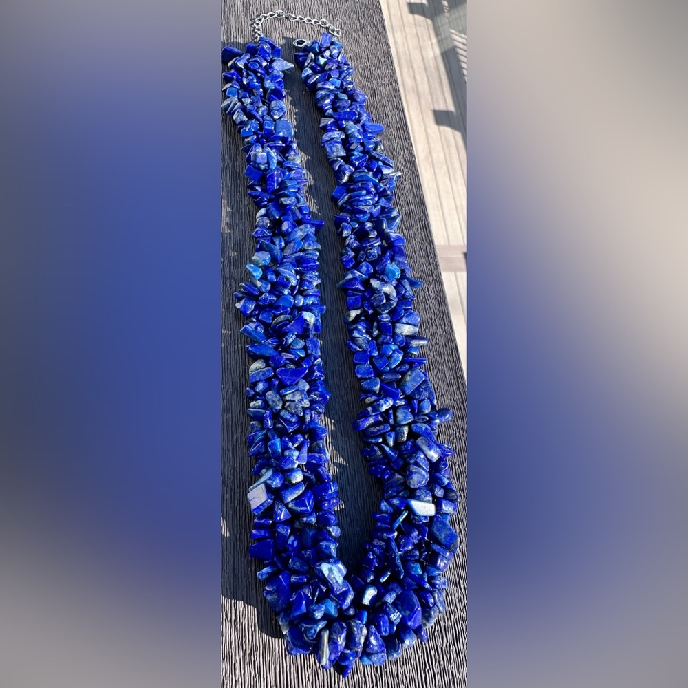 multi-layer lapis lazuli chip bead necklace with sterling silver clasp and chain